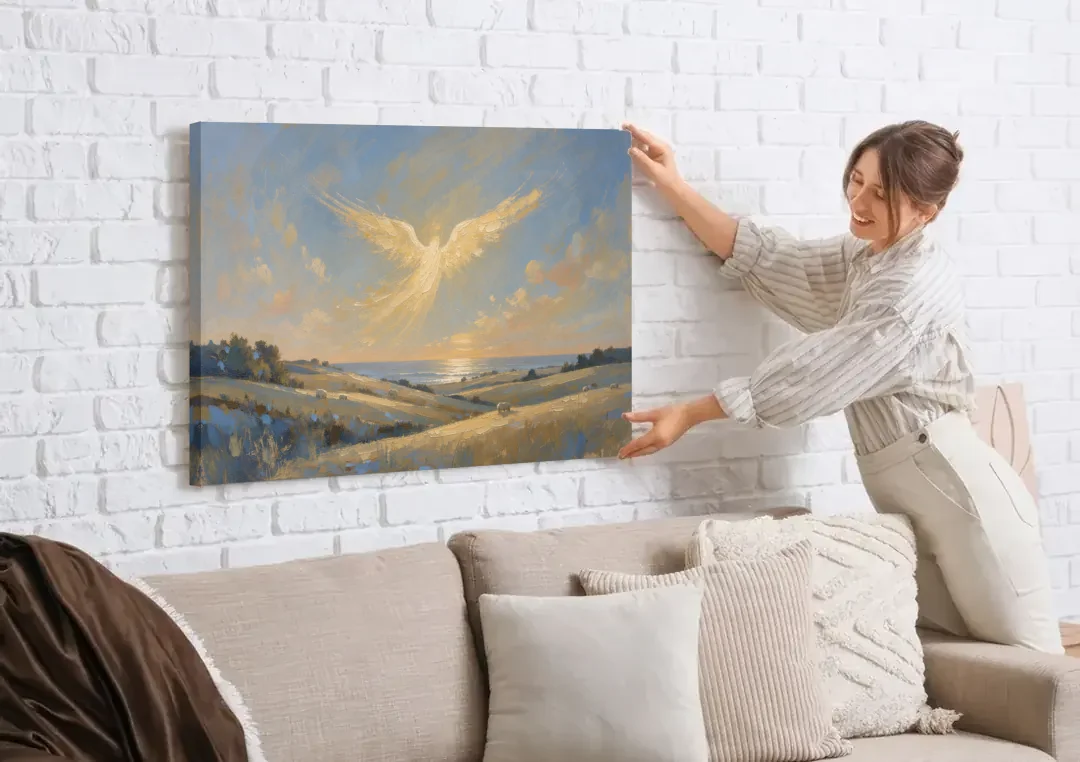 Christmas Angel Painting Over the Pastures canvas wall art being hung on a white brick wall above a sofa