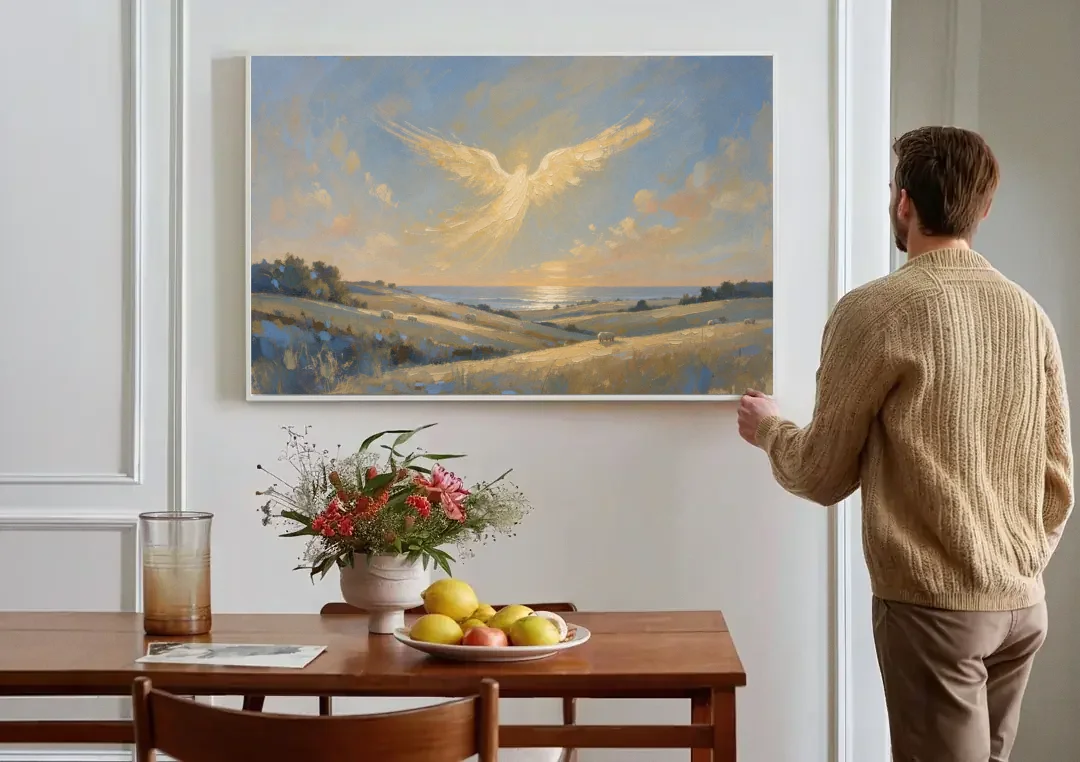 Christmas Angel Painting Over the Pastures canvas wall art above a dining table