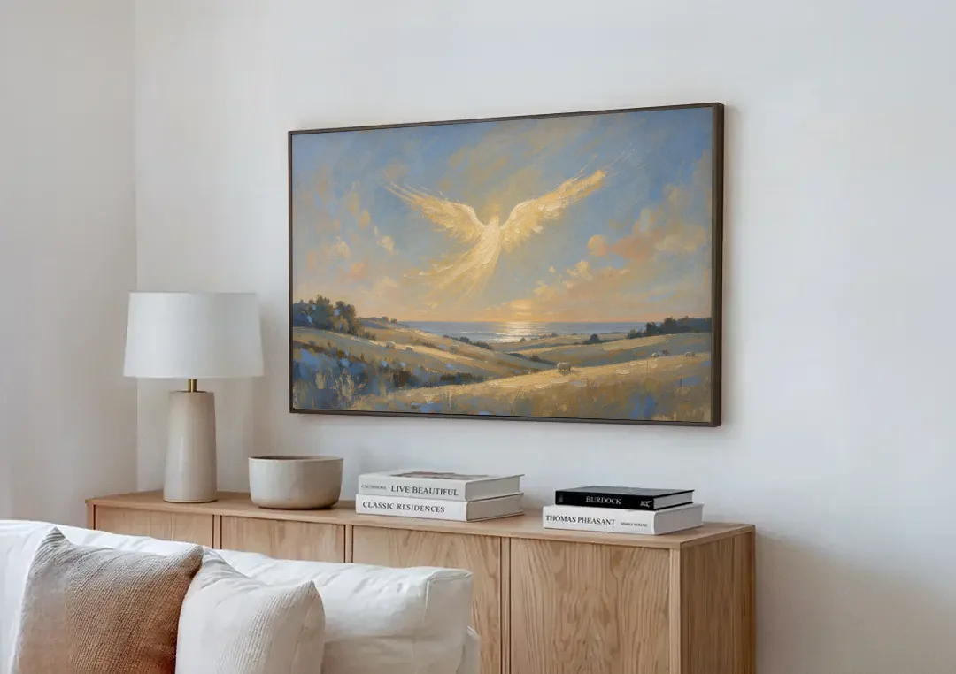Christmas Angel Painting Over the Pastures canvas wall art above a wooden sideboard next to a sofa