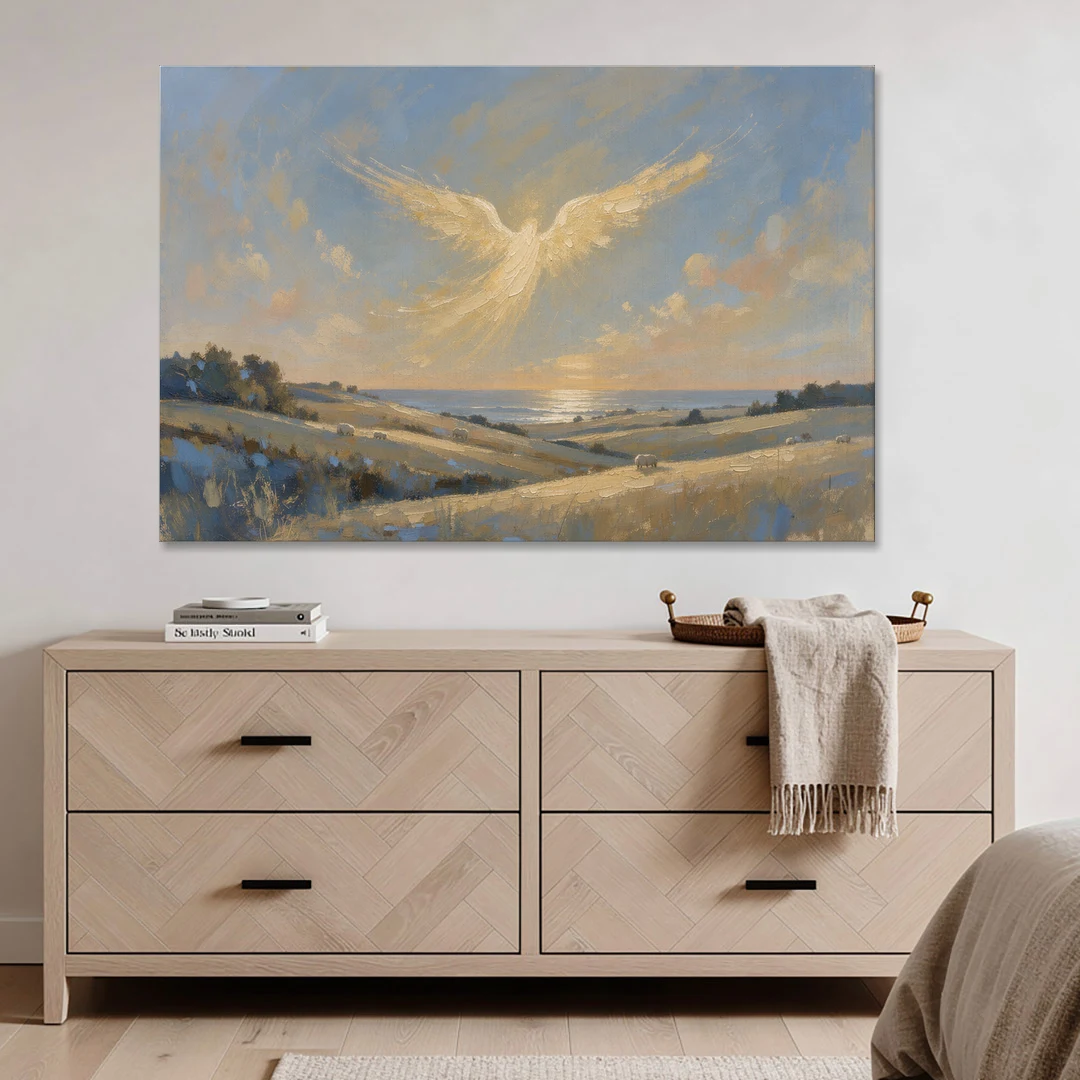 Christmas Angel Painting Over the Pastures - Canvas Wall Art - Coffee Table - 60x40