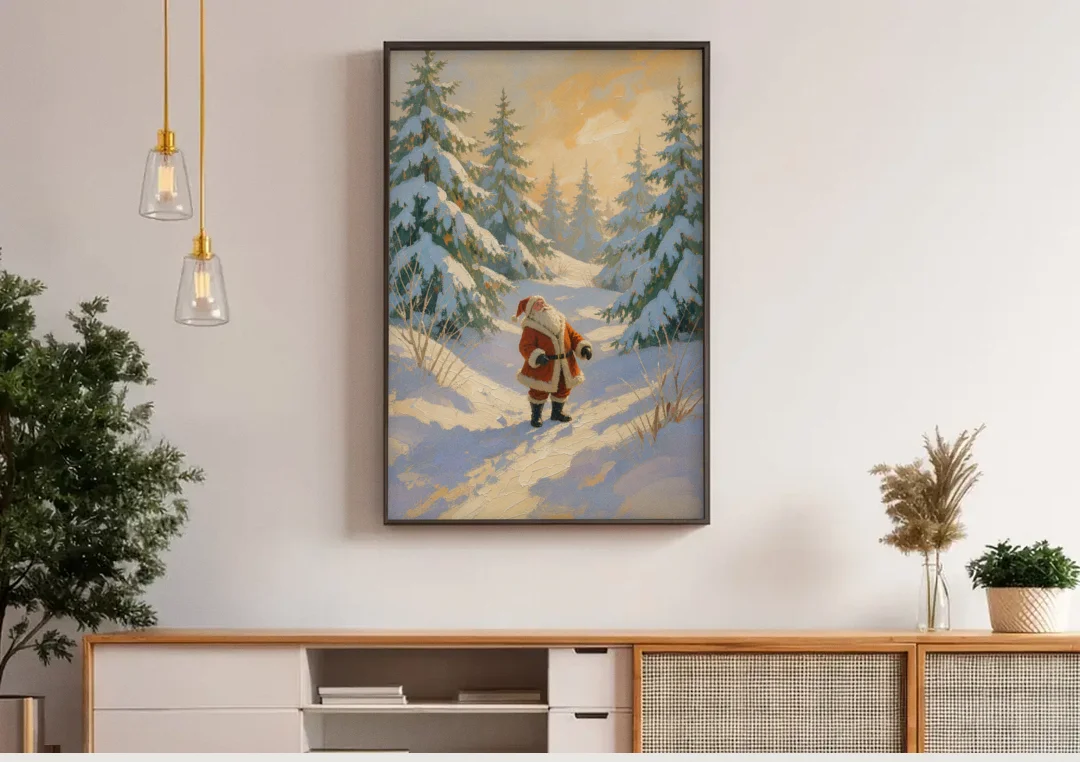 Christmas Art Prints Santa on the Sunlit Path canvas wall art above a wooden sideboard under pendant lights