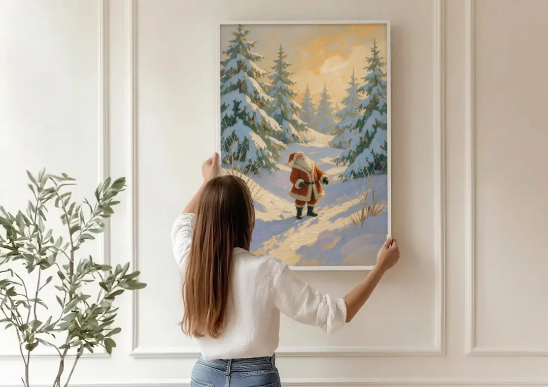 Christmas Art Prints Santa on the Sunlit Path canvas wall art being hung on a paneled wall