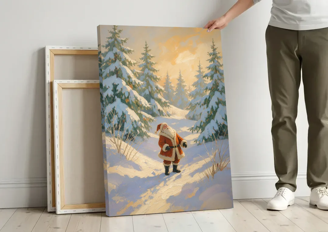Christmas Art Prints Santa on the Sunlit Path canvas wall art leaning against a wall next to blank canvases
