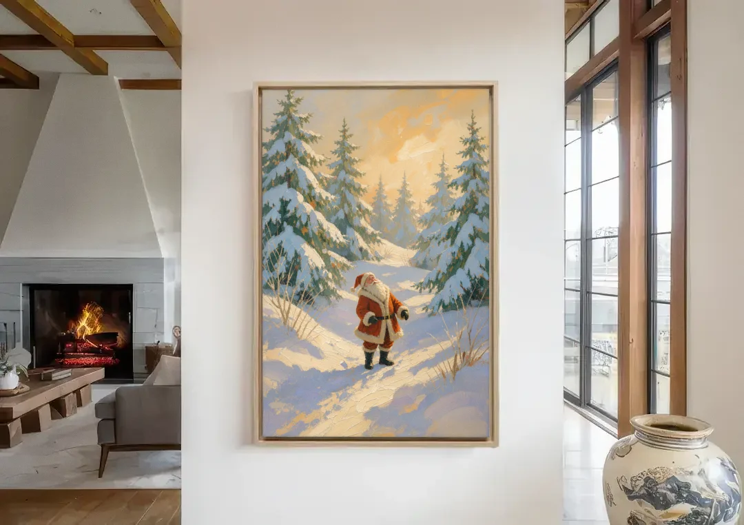 Christmas Art Prints Santa on the Sunlit Path canvas wall art in a living room with a fireplace