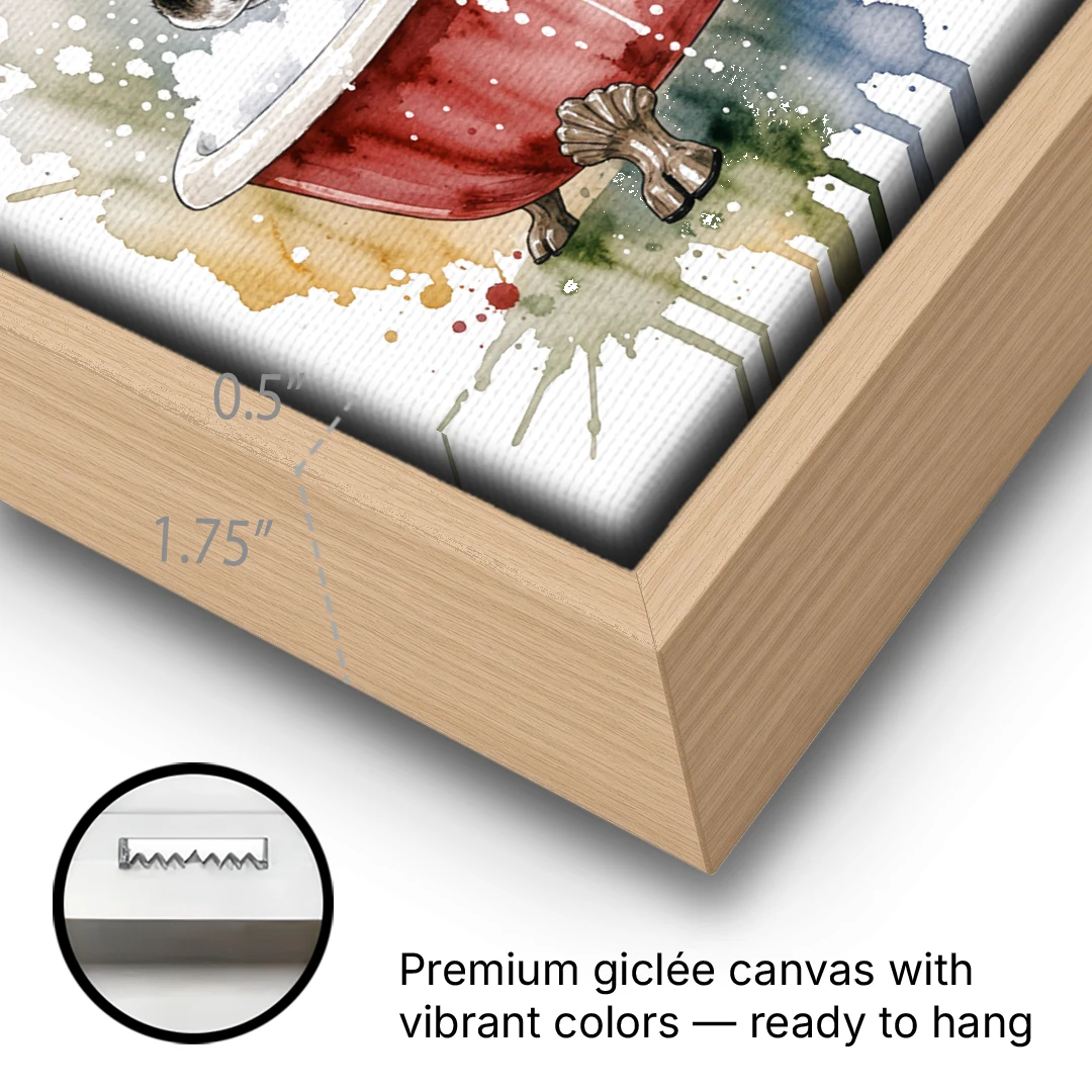 Christmas Bathroom Wall Art Reindeer Sniffing the Bubbles - Oak Framed Canvas Wall Art - Gallery Wrap Corner