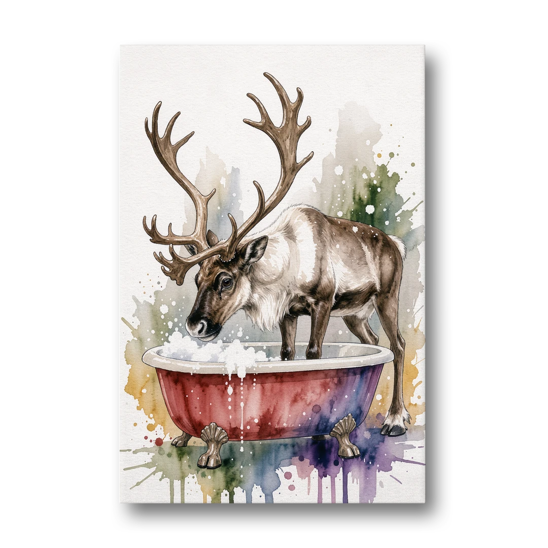 Christmas Bathroom Wall Art Reindeer Sniffing the Bubbles - Canvas Wall Art - Front