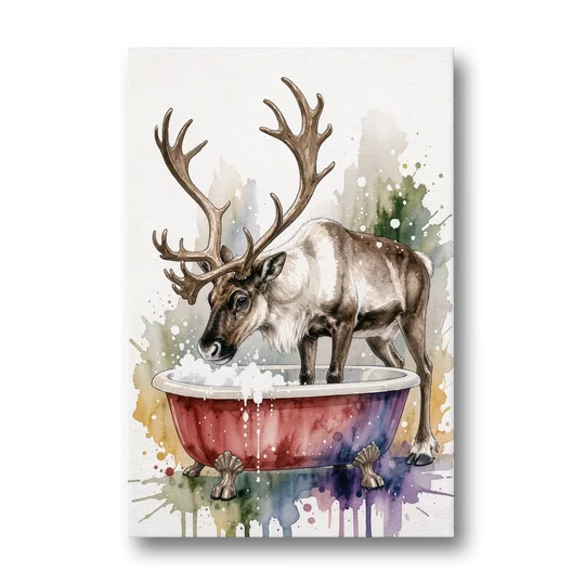 Christmas Bathroom Wall Art Reindeer Sniffing the Bubbles - Canvas Wall Art - Front