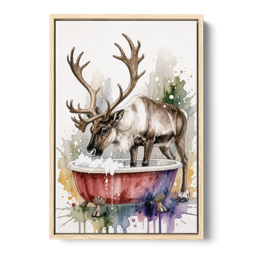 Christmas Bathroom Wall Art Reindeer Sniffing the Bubbles - Oak Framed Canvas Wall Art - Front
