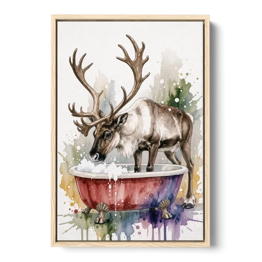 Christmas Bathroom Wall Art Reindeer Sniffing the Bubbles - Oak Framed Canvas Wall Art - Front