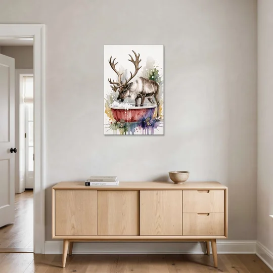 Christmas Bathroom Wall Art Reindeer Sniffing the Bubbles - Canvas Wall Art - Coffee Table - 24x36