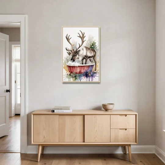 Christmas Bathroom Wall Art Reindeer Sniffing the Bubbles - Oak Framed Canvas Wall Art - Coffee Table - 24x36