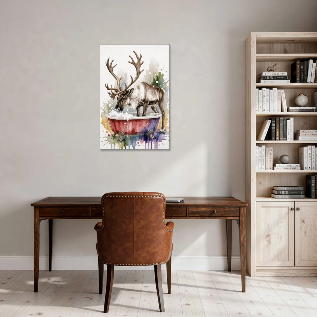 Christmas Bathroom Wall Art Reindeer Sniffing the Bubbles - Canvas Wall Art - Office - 24x36
