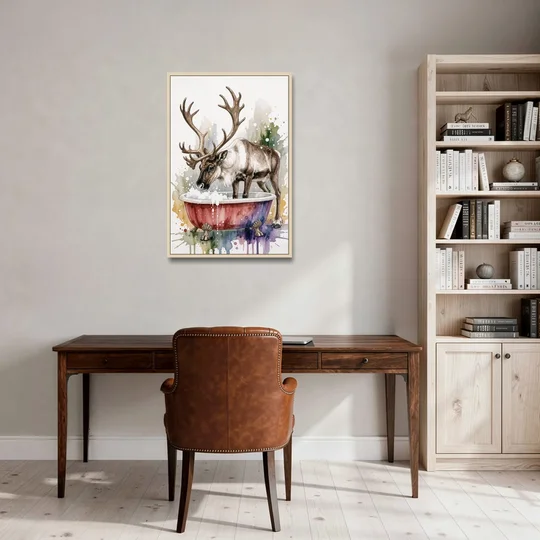 Christmas Bathroom Wall Art Reindeer Sniffing the Bubbles - Oak Framed Canvas Wall Art - Office - 24x36
