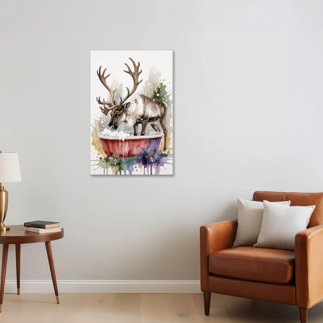 Christmas Bathroom Wall Art Reindeer Sniffing the Bubbles - Canvas Wall Art - Sofa - 24x36