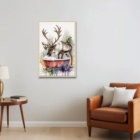 Christmas Bathroom Wall Art Reindeer Sniffing the Bubbles - Oak Framed Canvas Wall Art - Sofa - 24x36