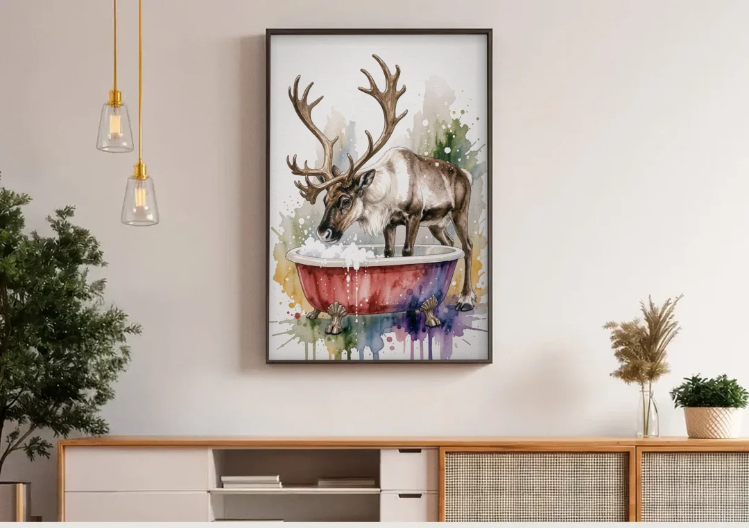 Christmas Bathroom Wall Art Reindeer Sniffing the Bubbles canvas wall art above a wooden sideboard under pendant lights