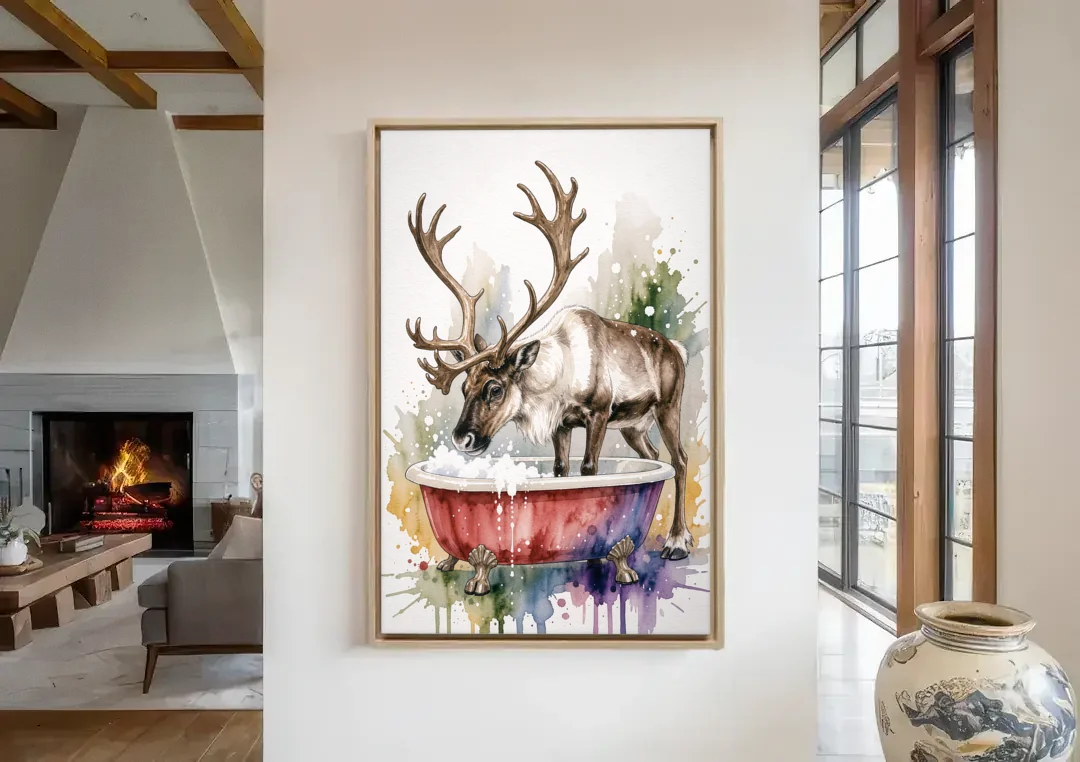 Christmas Bathroom Wall Art Reindeer Sniffing the Bubbles canvas wall art in a living room with a fireplace