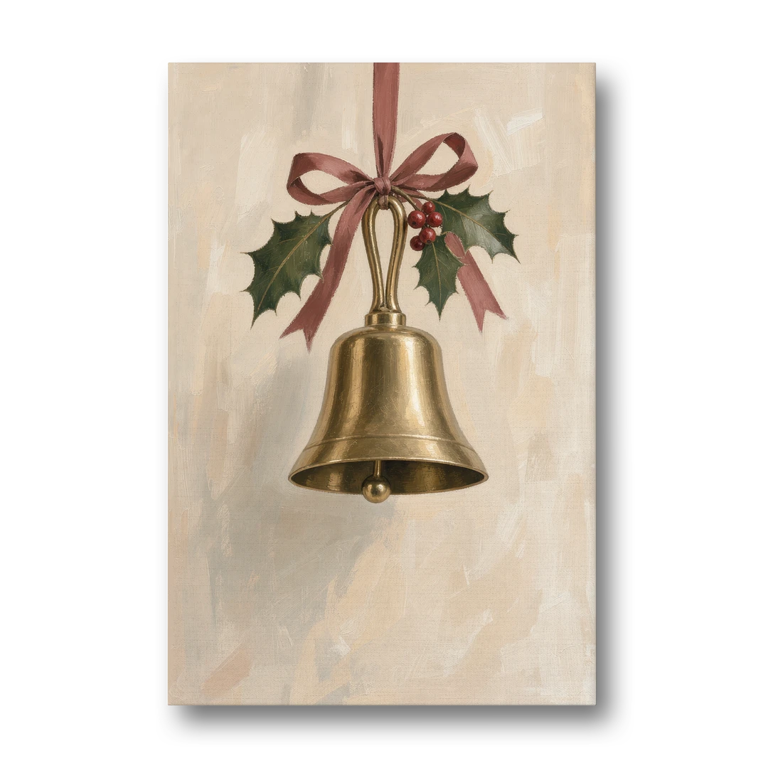 Christmas Bell Painting with Cranberry Ribbon - Canvas Wall Art - Front