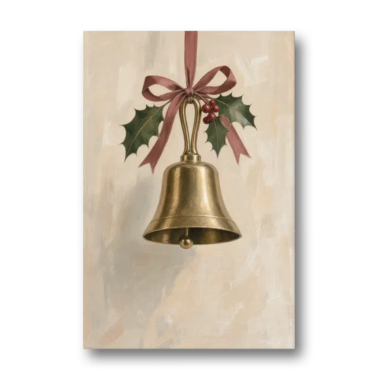 Christmas Bell Painting with Cranberry Ribbon - Canvas Wall Art - Front