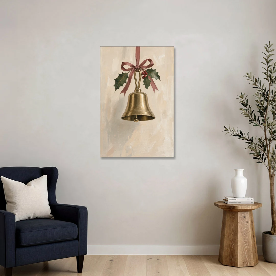 Christmas Bell Painting with Cranberry Ribbon - Canvas Wall Art - Sofa - 24x36