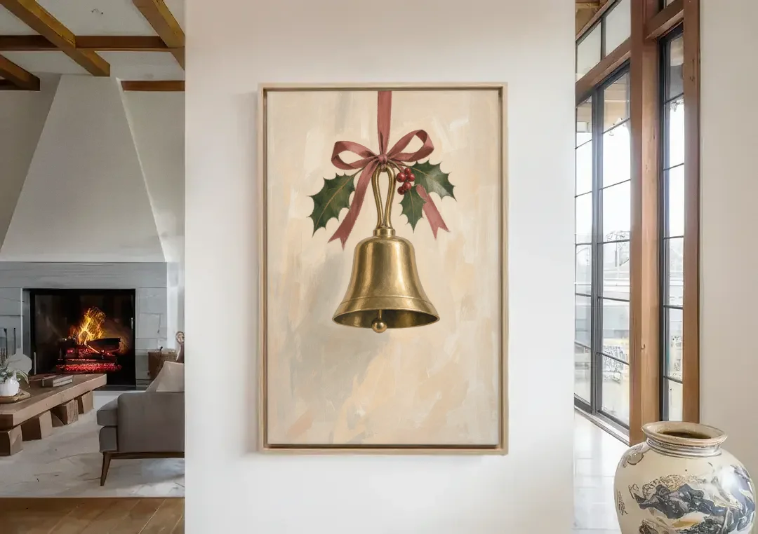Christmas Bell Painting with Cranberry Ribbon canvas wall art in a living room with a fireplace