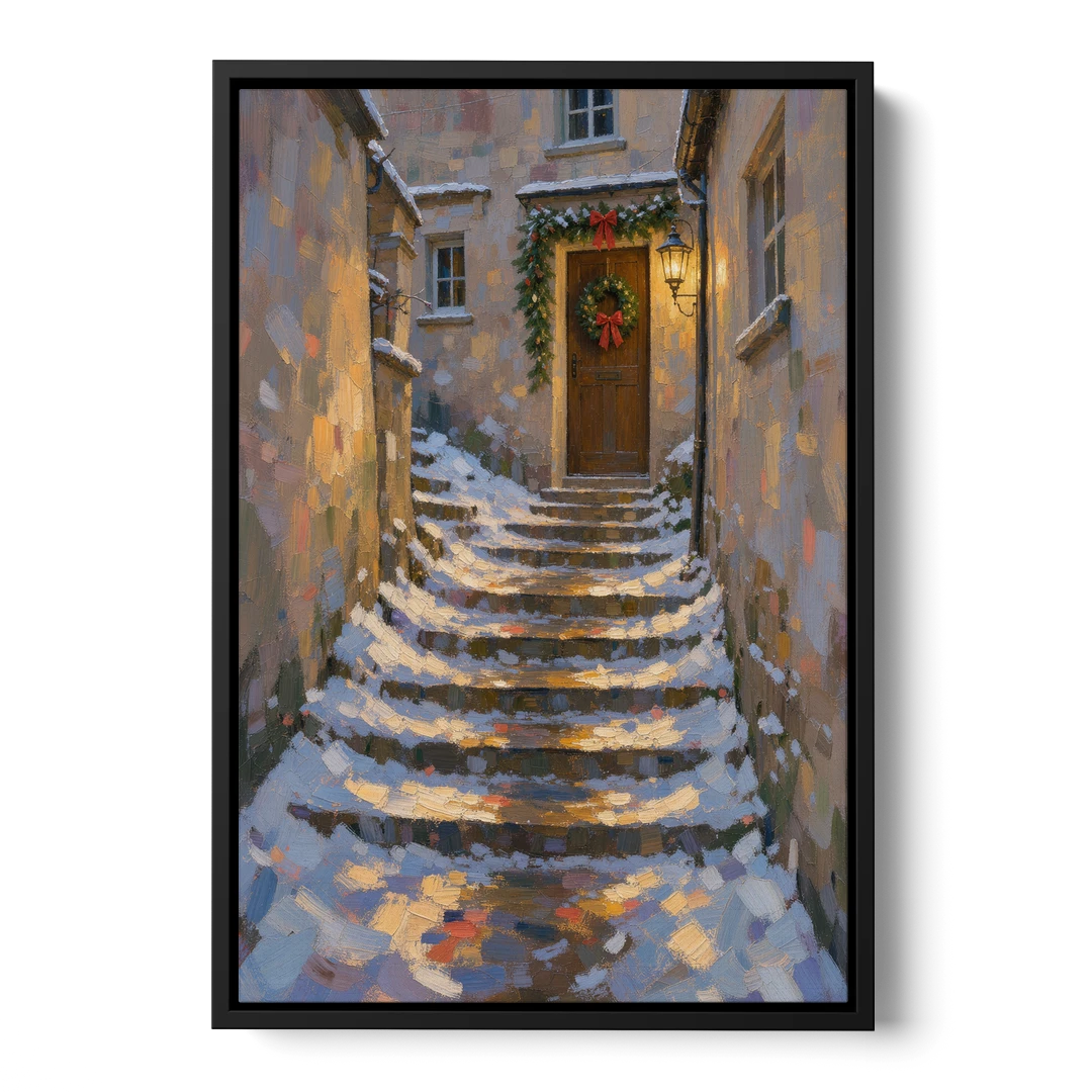 Christmas Canvas Prints Stone Steps to the Lantern - Black Framed Canvas Wall Art - Front