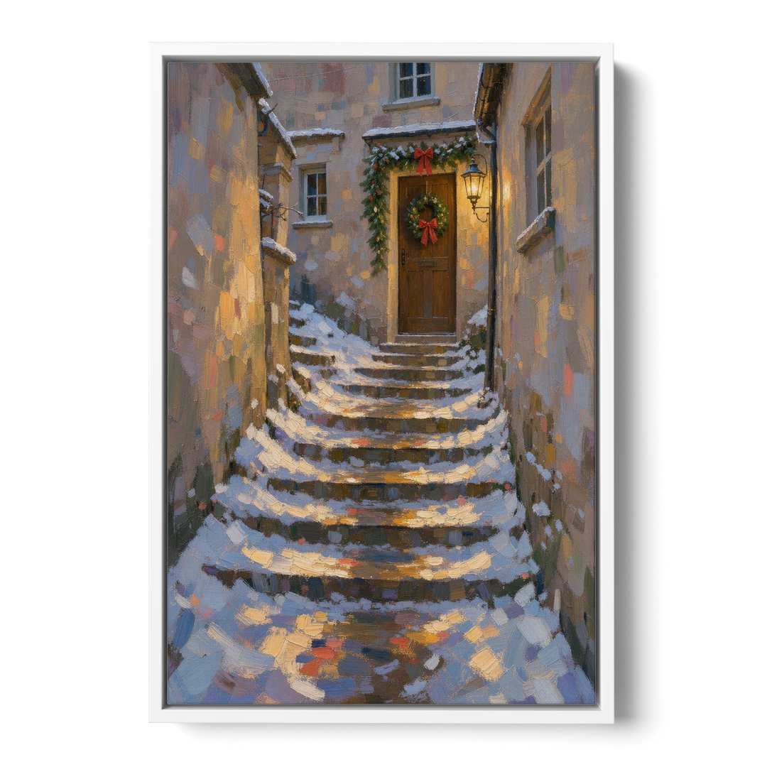 Christmas Canvas Prints Stone Steps to the Lantern - White Framed Canvas Wall Art - Front