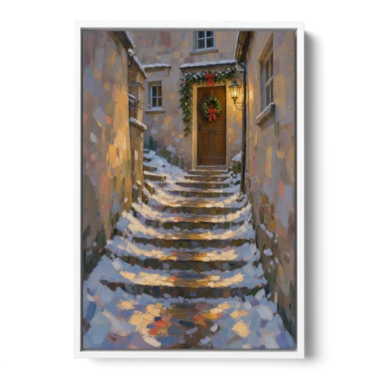 Christmas Canvas Prints Stone Steps to the Lantern - White Framed Canvas Wall Art - Front