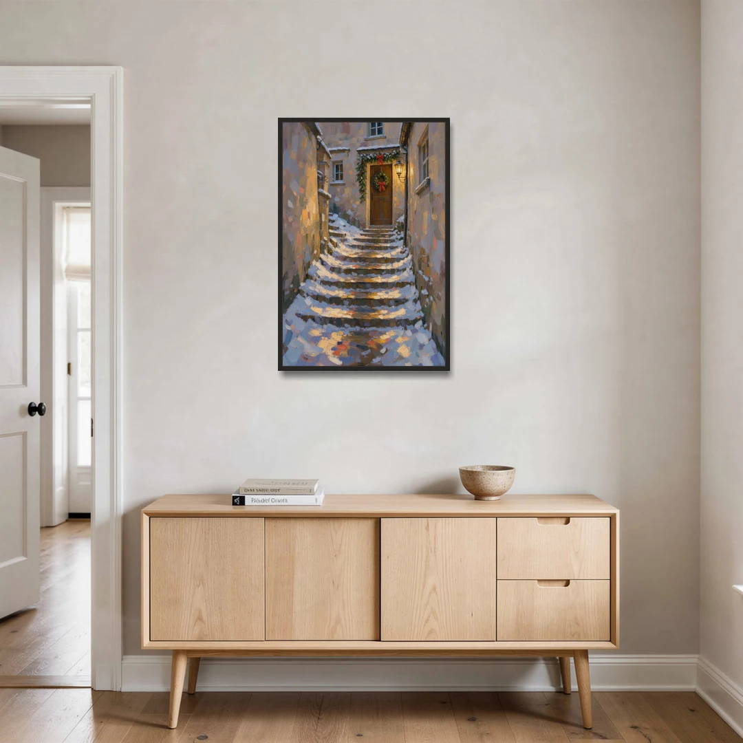 Christmas Canvas Prints Stone Steps to the Lantern - Black Framed Canvas Wall Art - Coffee Table - 24x36