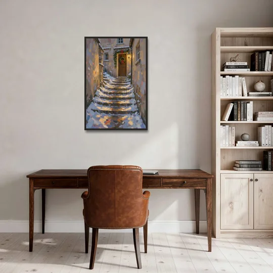 Christmas Canvas Prints Stone Steps to the Lantern - Black Framed Canvas Wall Art - Office - 24x36