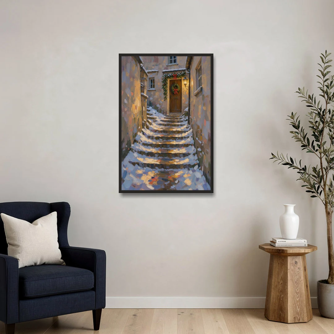 Christmas Canvas Prints Stone Steps to the Lantern - Black Framed Canvas Wall Art - Sofa - 24x36