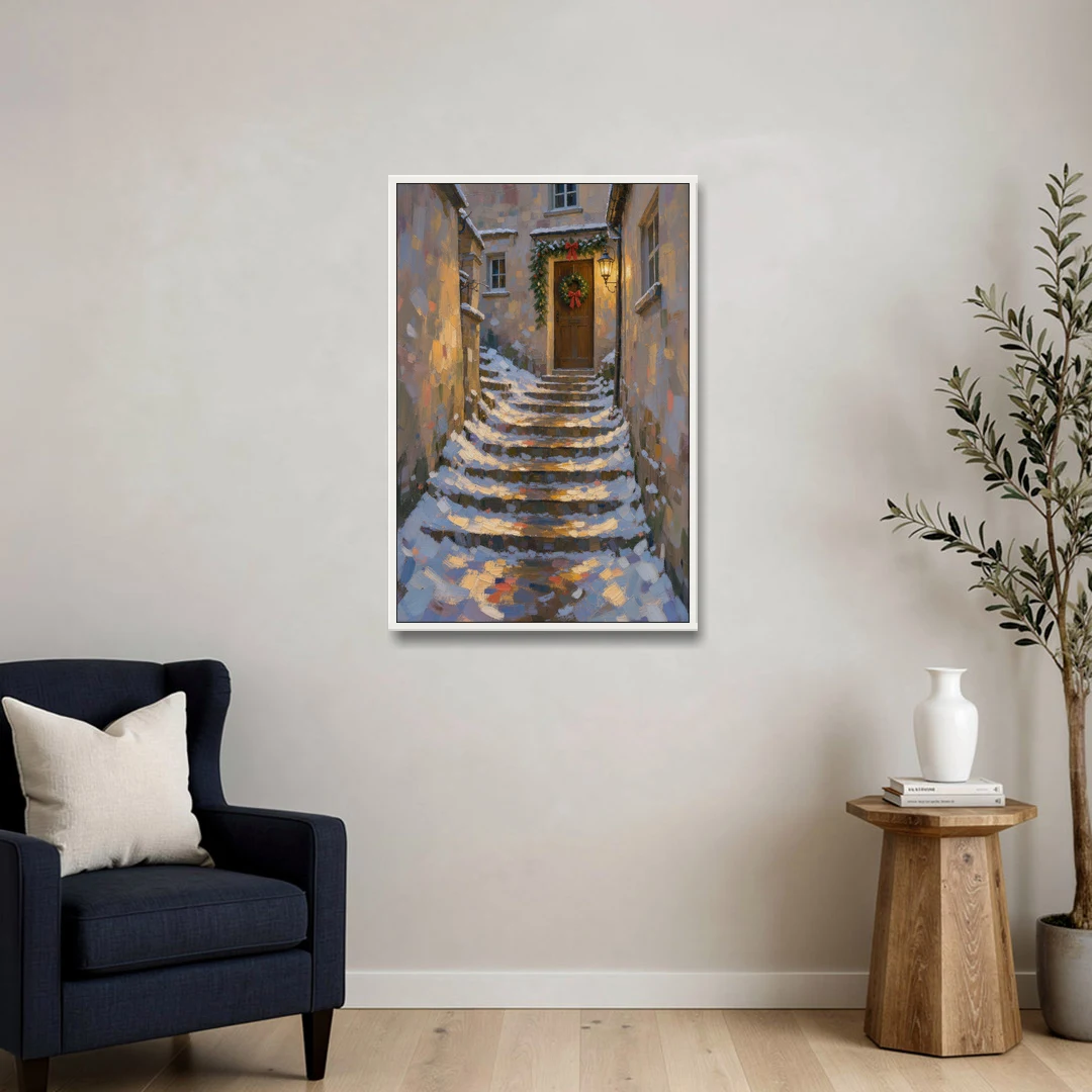 Christmas Canvas Prints Stone Steps to the Lantern - White Framed Canvas Wall Art - Sofa - 24x36