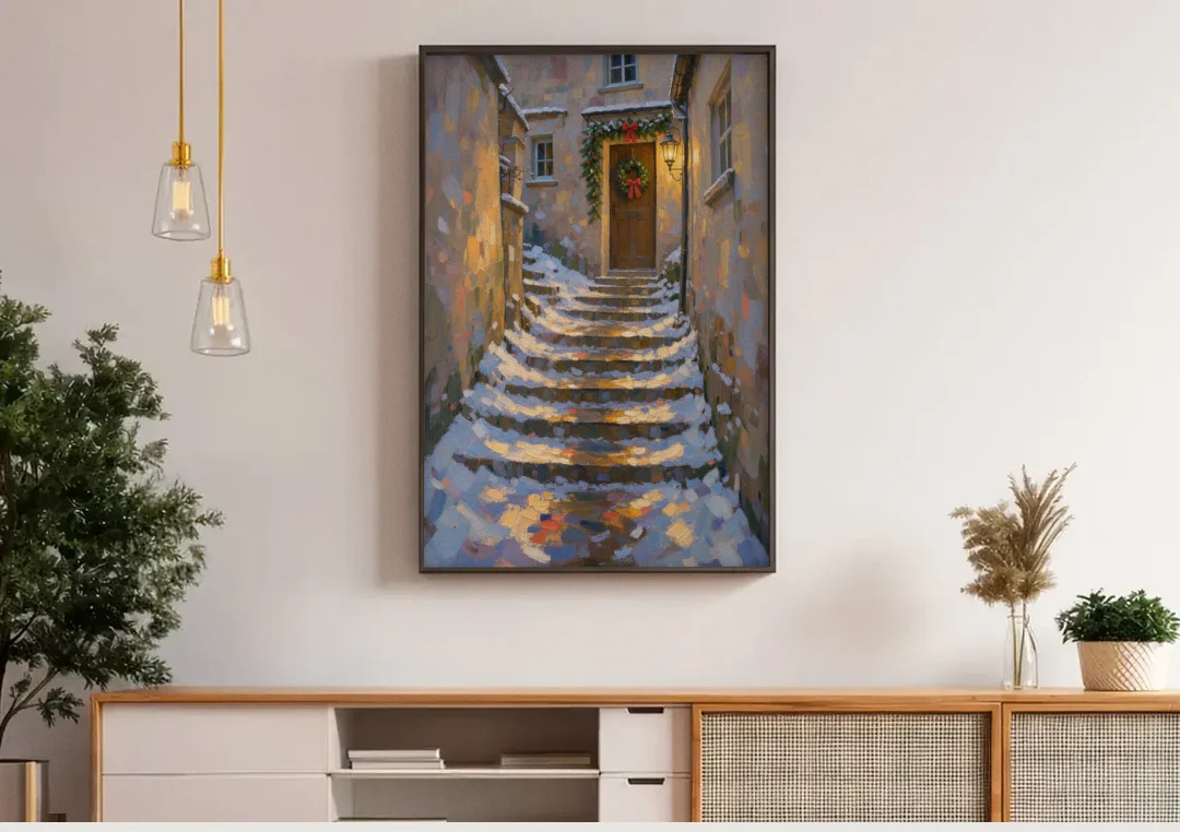 Christmas Canvas Prints Stone Steps to the Lantern canvas wall art above a wooden sideboard under pendant lights