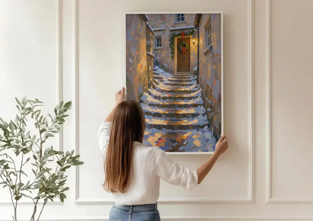 Christmas Canvas Prints Stone Steps to the Lantern canvas wall art being hung on a paneled wall
