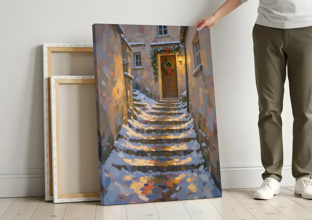 Christmas Canvas Prints Stone Steps to the Lantern canvas wall art leaning against a wall next to blank canvases