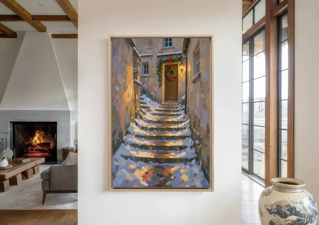 Christmas Canvas Prints Stone Steps to the Lantern canvas wall art in a living room with a fireplace