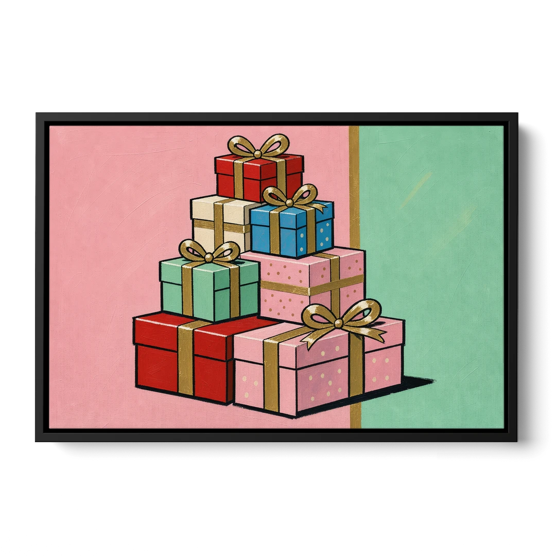 Christmas Canvas Wall Art Tower of Wrapped Presents - Black Framed Canvas Wall Art - Front
