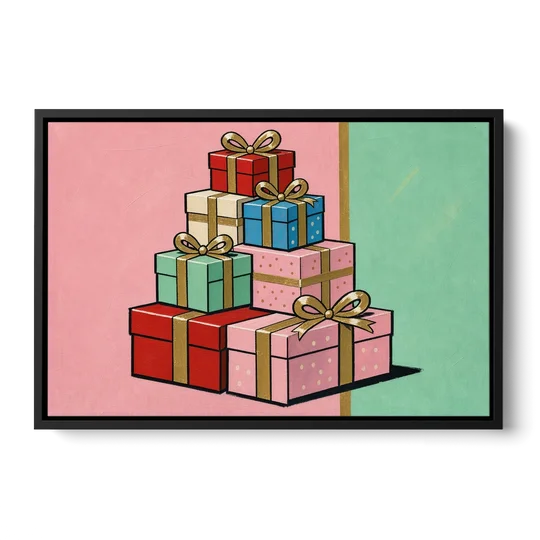 Christmas Canvas Wall Art Tower of Wrapped Presents - Black Framed Canvas Wall Art - Front