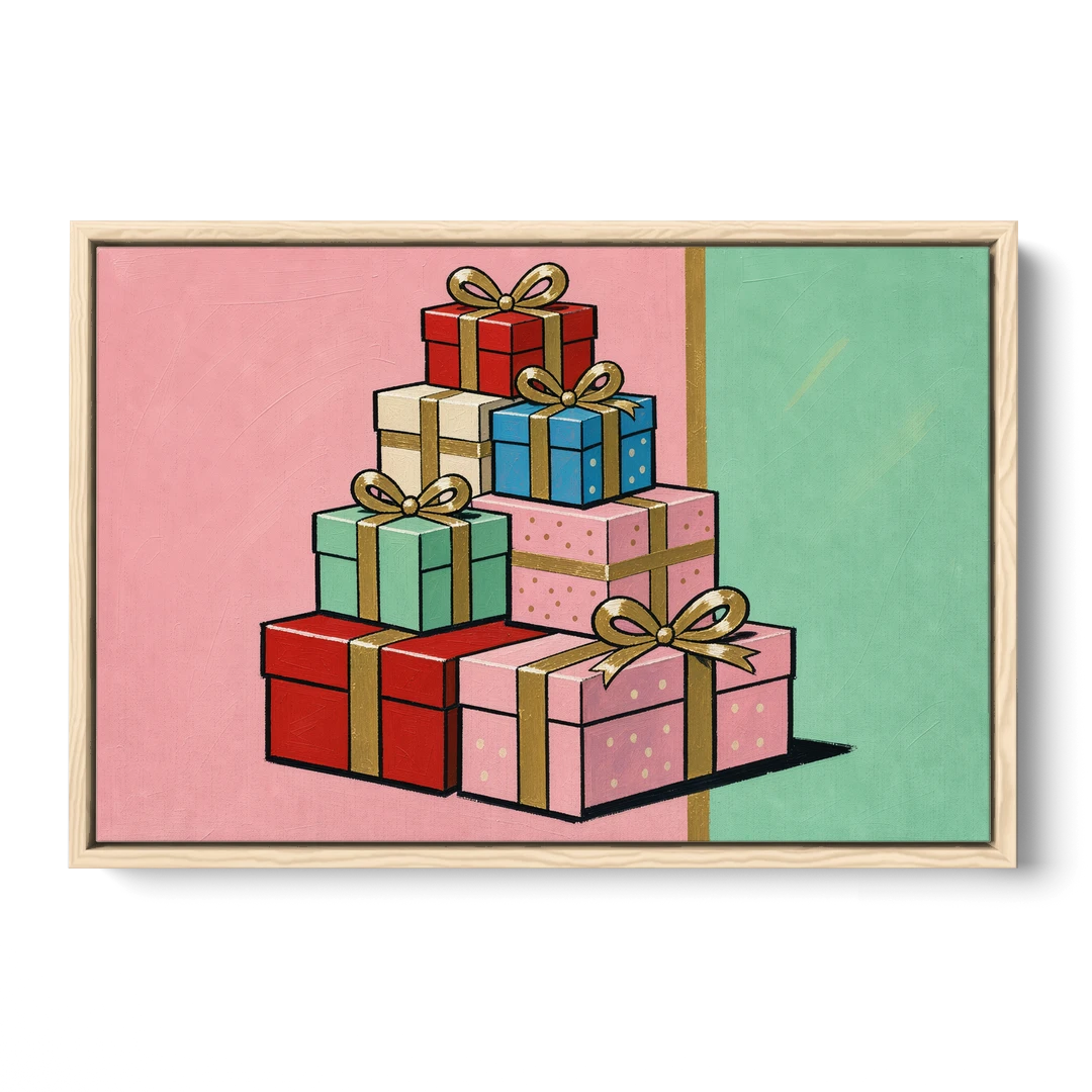 Christmas Canvas Wall Art Tower of Wrapped Presents - Oak Framed Canvas Wall Art - Front