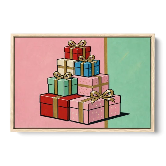 Christmas Canvas Wall Art Tower of Wrapped Presents - Oak Framed Canvas Wall Art - Front