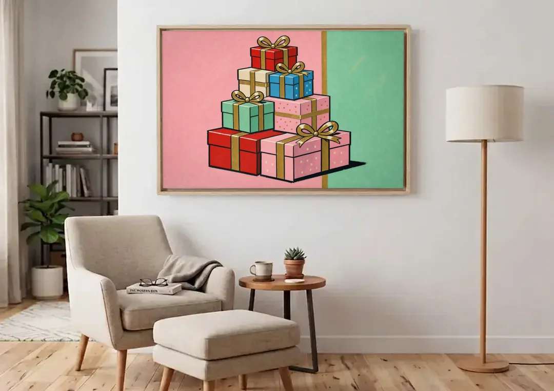 Christmas Canvas Wall Art Tower of Wrapped Presents canvas wall art above an armchair in a bright living room