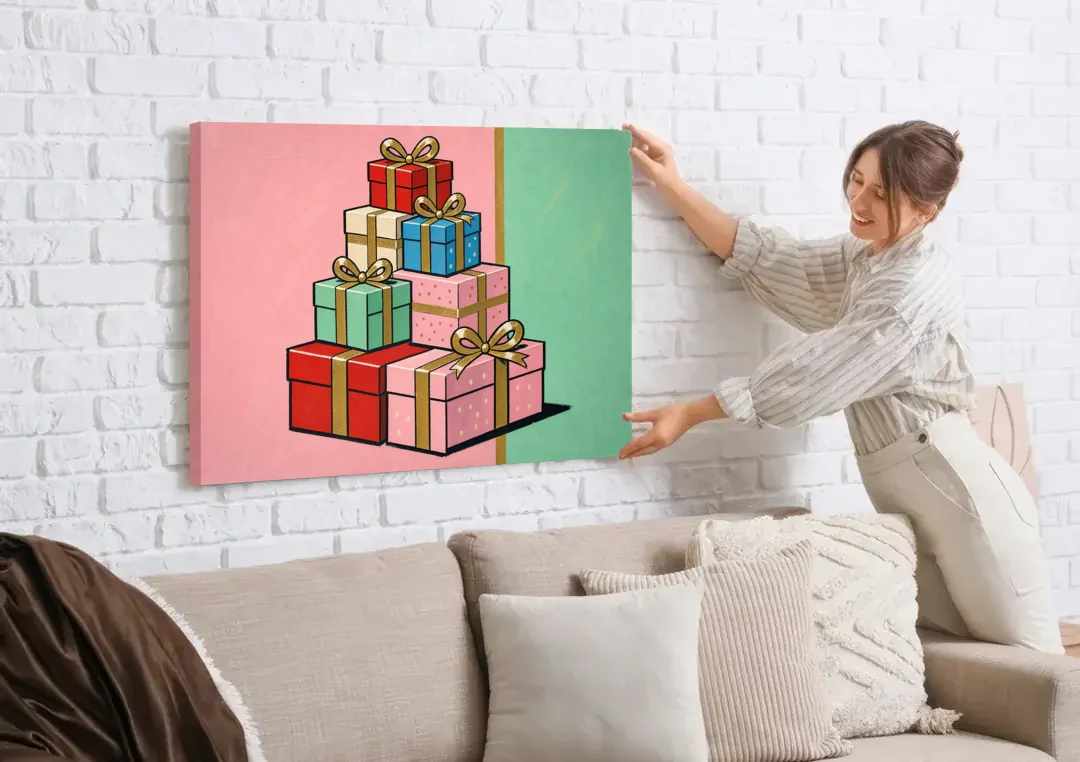 Christmas Canvas Wall Art Tower of Wrapped Presents canvas wall art being hung on a white brick wall above a sofa