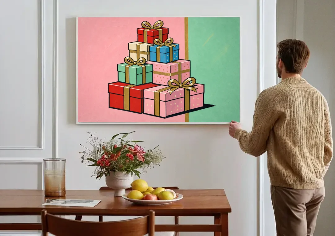 Christmas Canvas Wall Art Tower of Wrapped Presents canvas wall art above a dining table