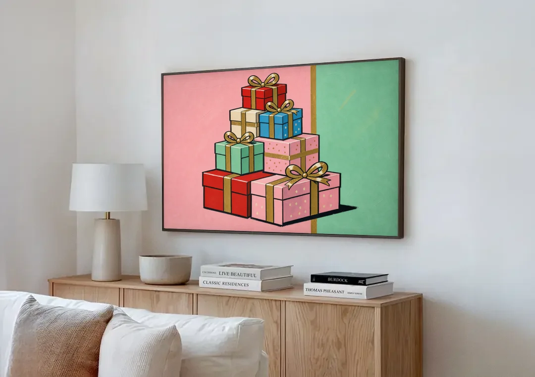 Christmas Canvas Wall Art Tower of Wrapped Presents canvas wall art above a wooden sideboard next to a sofa