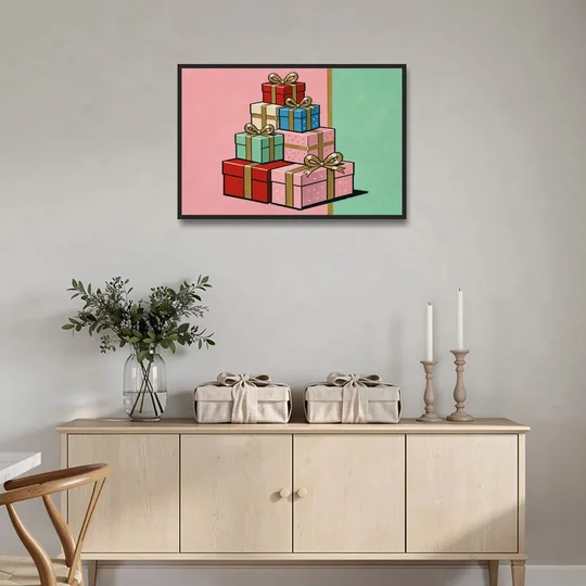 Christmas Canvas Wall Art Tower of Wrapped Presents - Black Framed Canvas Wall Art - Coffee Table - 36x24