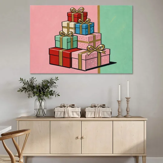 Christmas Canvas Wall Art Tower of Wrapped Presents - Canvas Wall Art - Coffee Table - 60x40