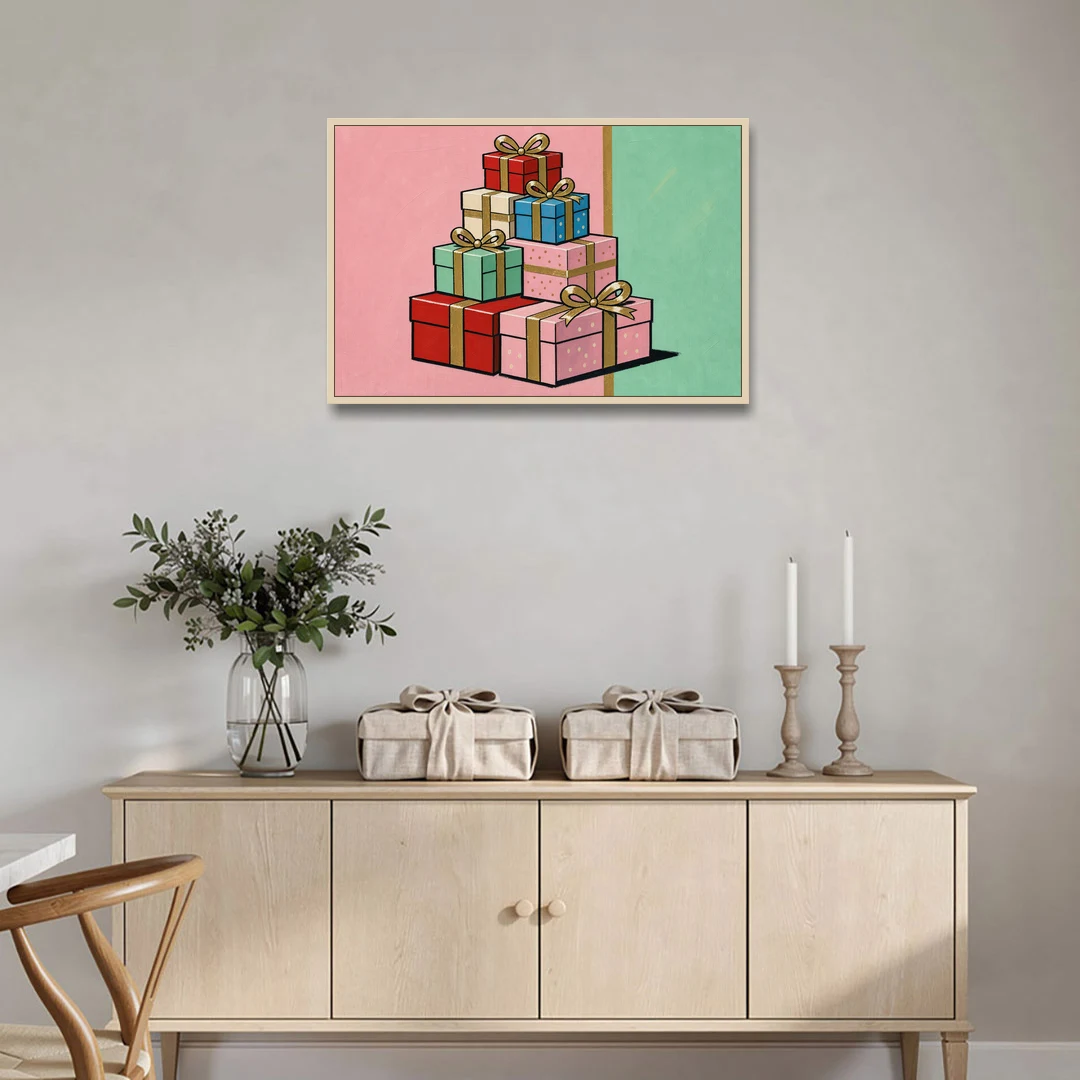 Christmas Canvas Wall Art Tower of Wrapped Presents - Oak Framed Canvas Wall Art - Coffee Table - 36x24