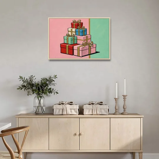 Christmas Canvas Wall Art Tower of Wrapped Presents - Oak Framed Canvas Wall Art - Coffee Table - 36x24