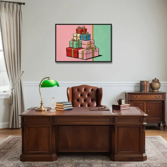 Christmas Canvas Wall Art Tower of Wrapped Presents - Black Framed Canvas Wall Art - Office - 36x24