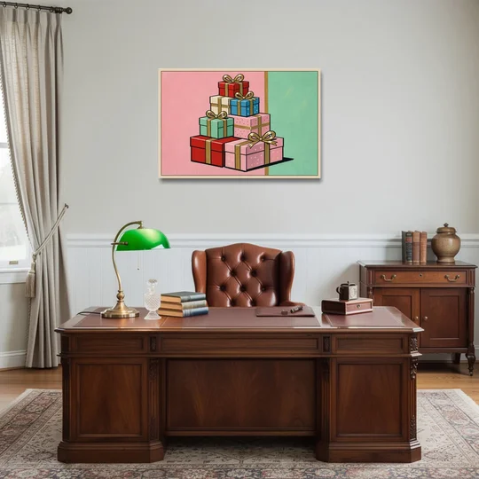 Christmas Canvas Wall Art Tower of Wrapped Presents - Oak Framed Canvas Wall Art - Office - 36x24